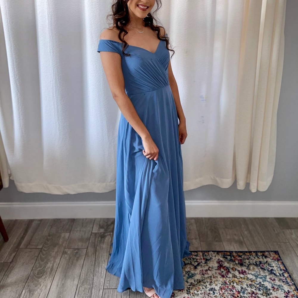 David's Bridal Blue Off-Shoulder Gown